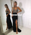 Beautiful Black Side Split Chiffon Prom Dress, Open Back Charming Beaded Prom Dresses, KX1224
