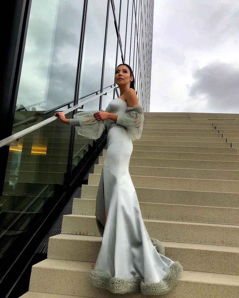 Stunning Mermaid Sexy Side Slit Long Sleeves Prom Dresses, FC4767