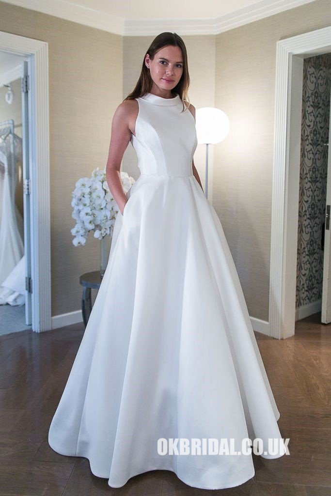 Elegant Satin A-line Sleeveless Open-Back Wedding Dress, FC2060