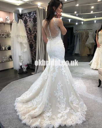 Sexy Mermaid Lace Sleeveless Wedding Dress, Vintage Tulle Sheath Bridal Dress, LB0947
