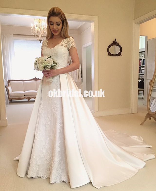 Short Sleeve Elegant Lace A-Line Wedding Dresses with Detachable Satin Skirt, KX1347