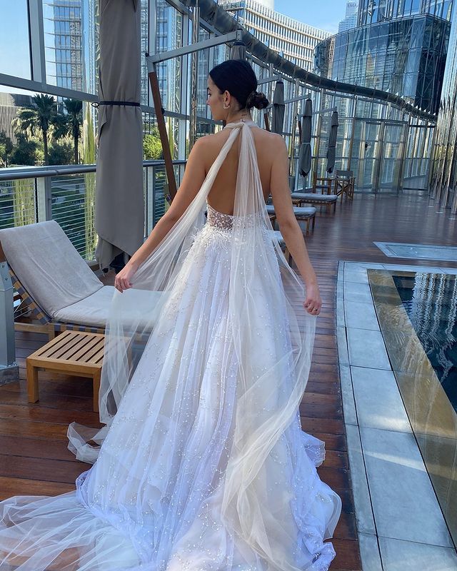 Halter A-line Lace Backless Tulle Elegant Long Wedding Dresses, FC5868