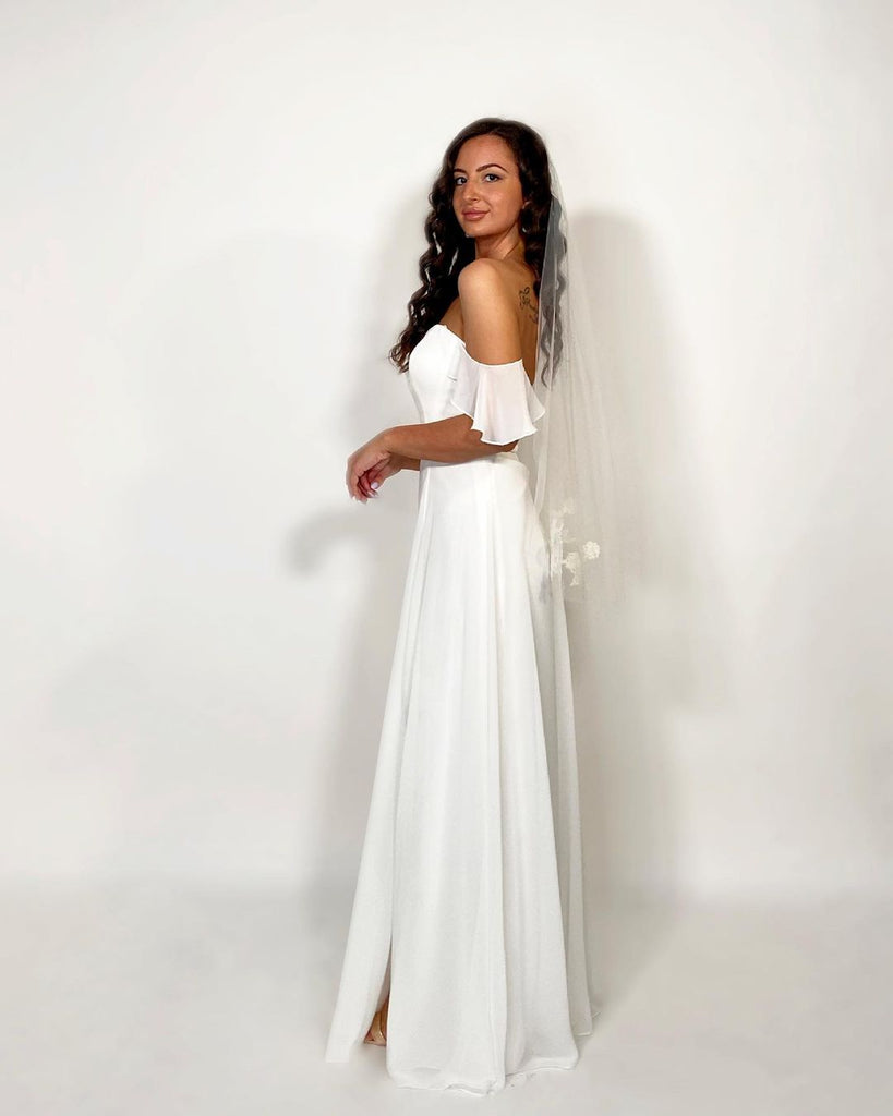 Stunning Off Shoulder Sweetheart A-line Chiffon Beach Wedding Dresses, FC5994