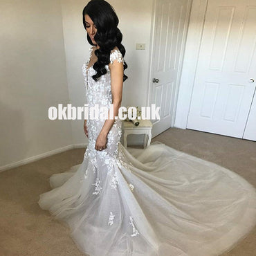 Cap Sleeve Sexy Mermaid Organza Wedding Dress, Backless Applique Luxury Wedding Dress, LB0792